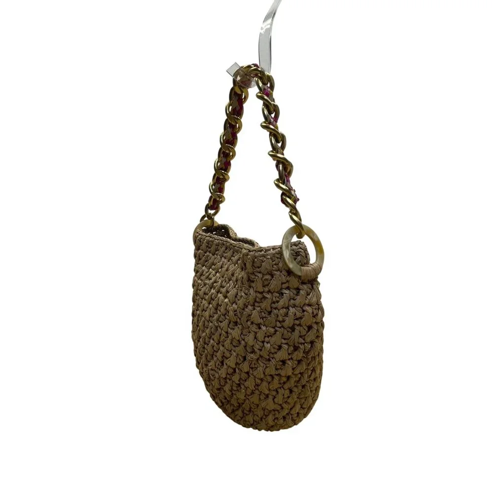 A Point ETC Women’s Natural Woven Straw Chain Handle Boho Bucket Bag Size S - Picture 2 of 11